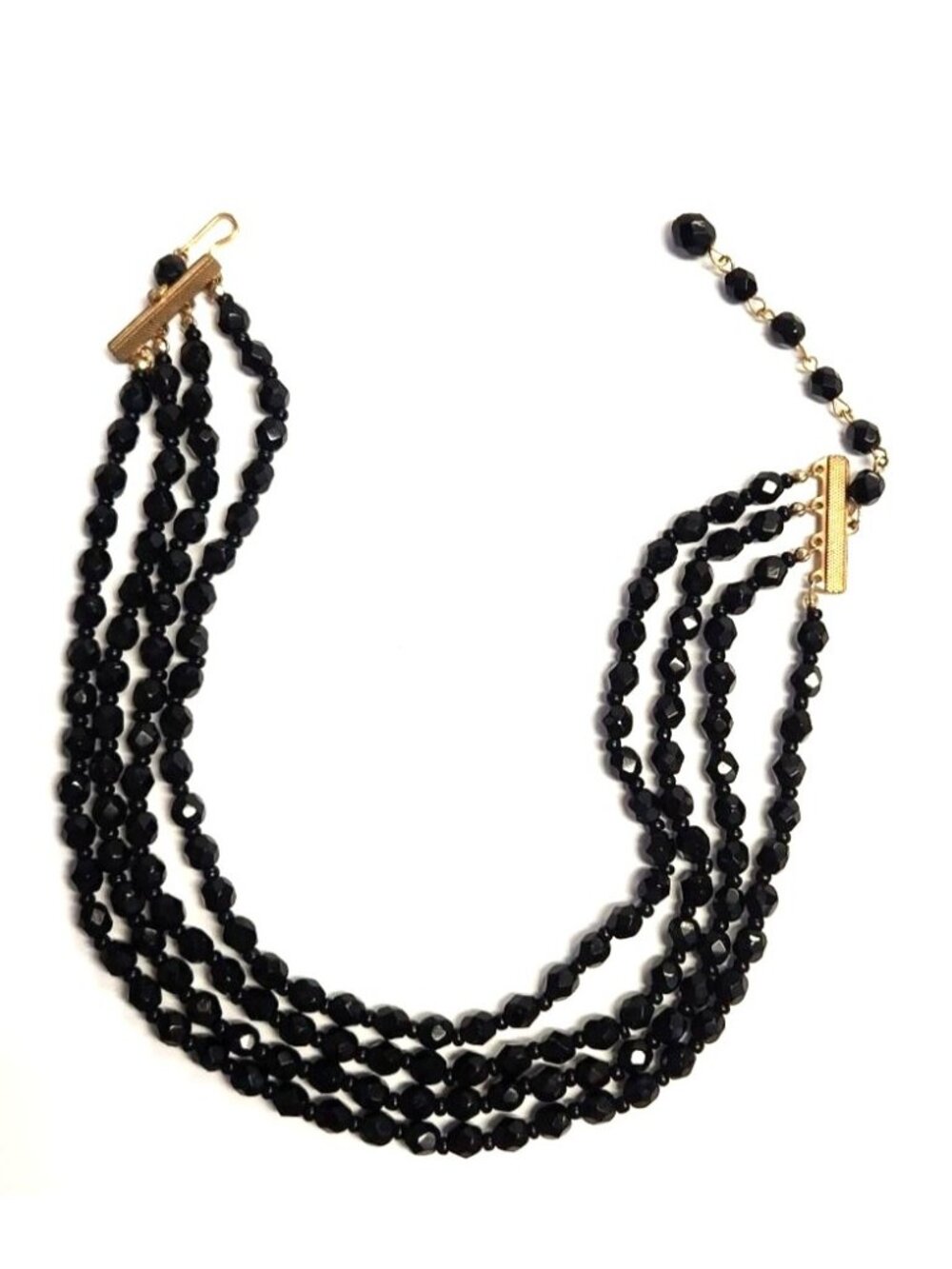 Vintage Black Beaded Multi-Strand Necklace With Gold-Tone Clasp